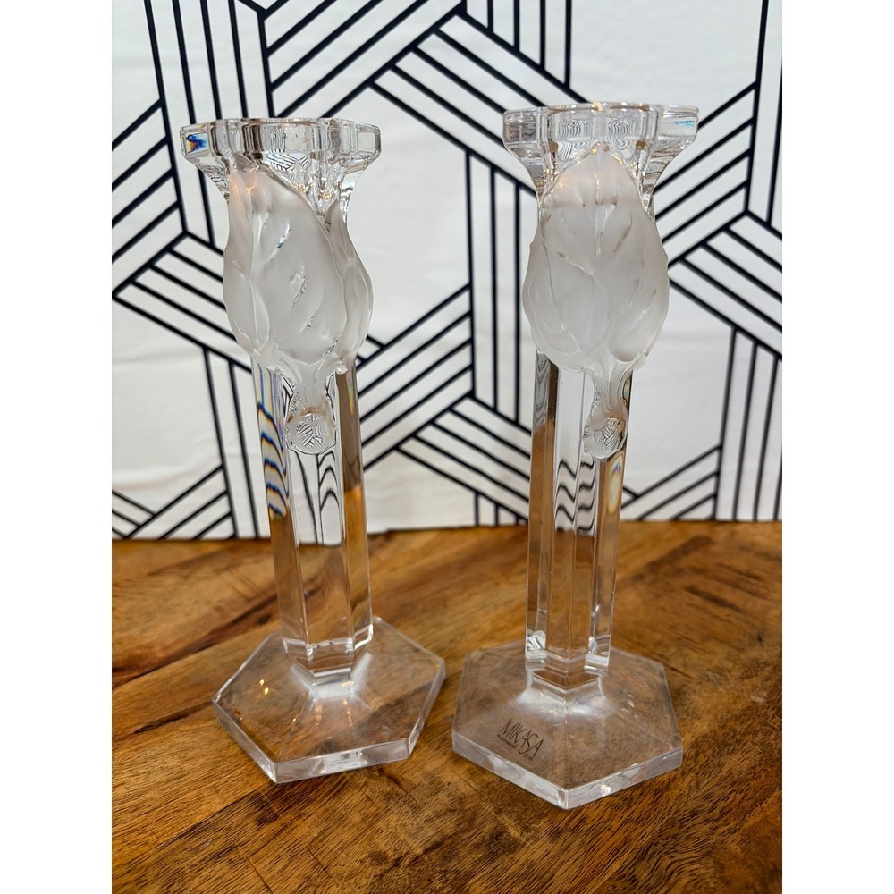 Mikasa Calla Lily Crystal Candlestick Holders Set of 2 Frosted Clear Glass 8.5"